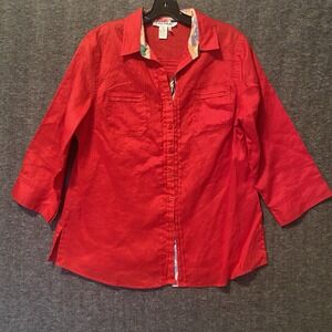 LINO USA Top Blouse Womens XL Red 100% Linen Button Up Shirt Coastal‎ Lagenlook